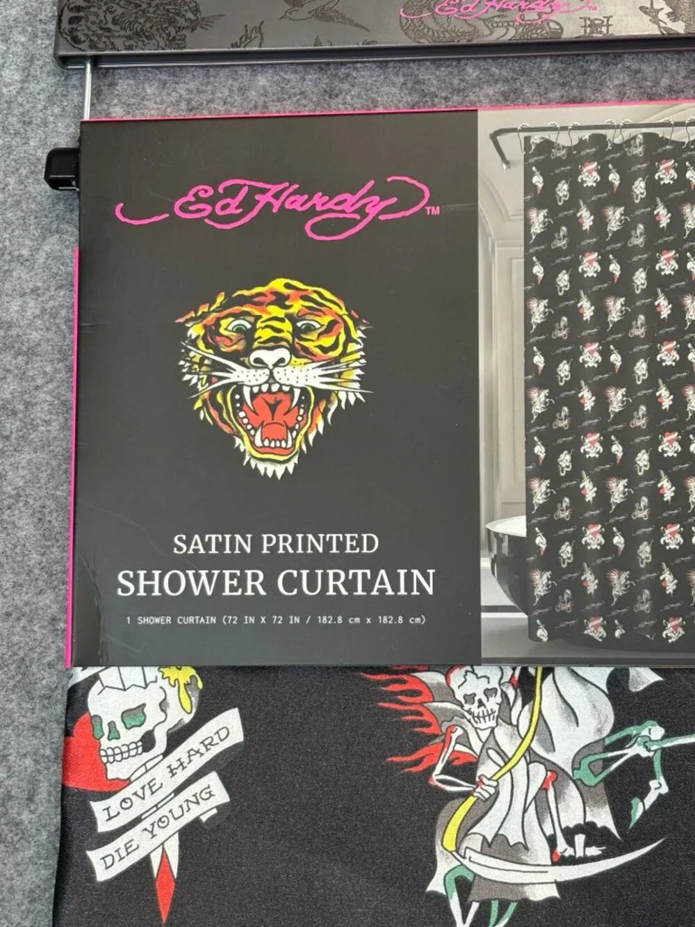 Ed Hardy Shower Curtain Black Satin Printed Skulls Hearts Love Kills Slowly